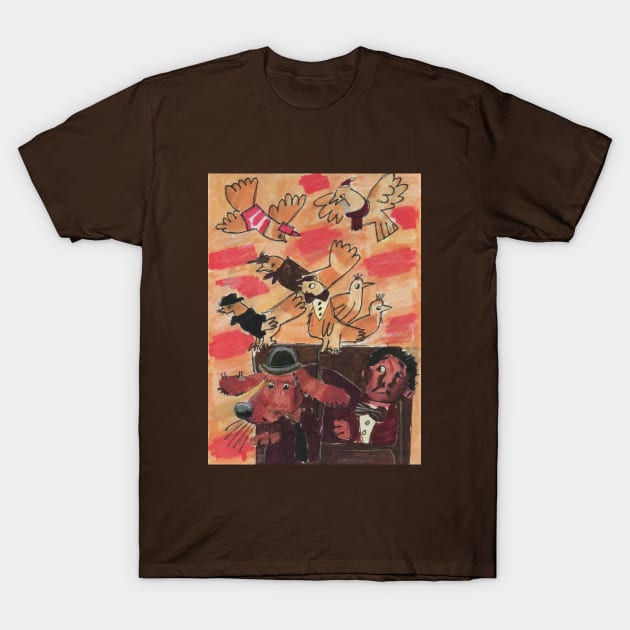 Detective Dog and Birds T-Shirt by Mila-Ola_Art